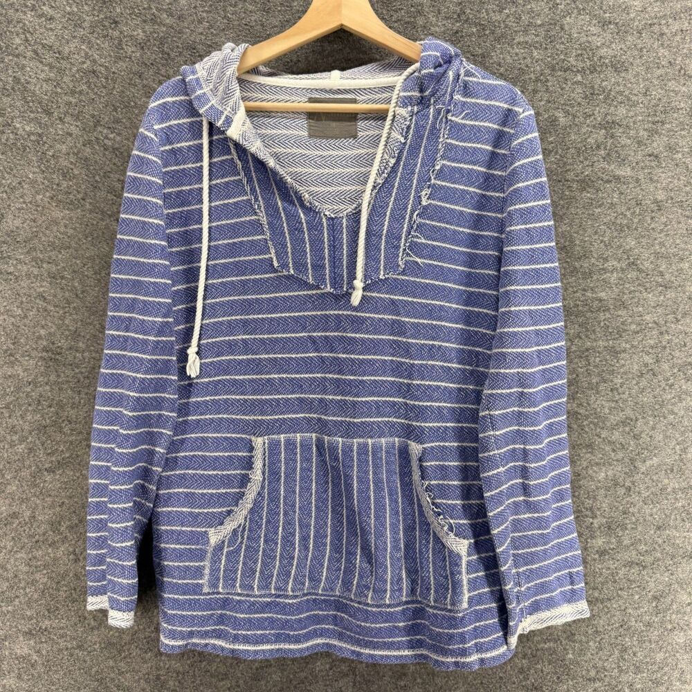 Natural Hoodie Women M Medium Blue Striped V-Neck Long Sleeve Hooded Cotton